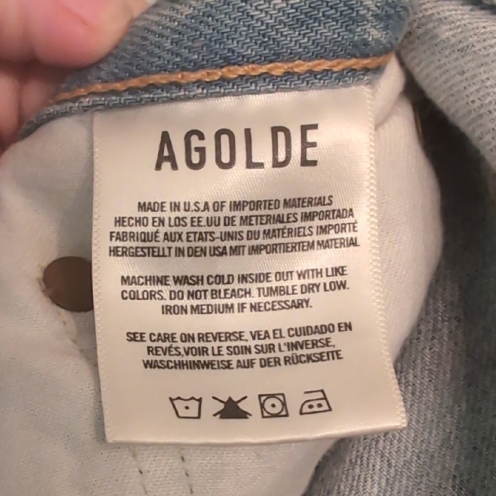 Agolde Riley High Rise Blue Straight Cropped Jeans with Distressed Knee Size 26 - Picture 4 of 7